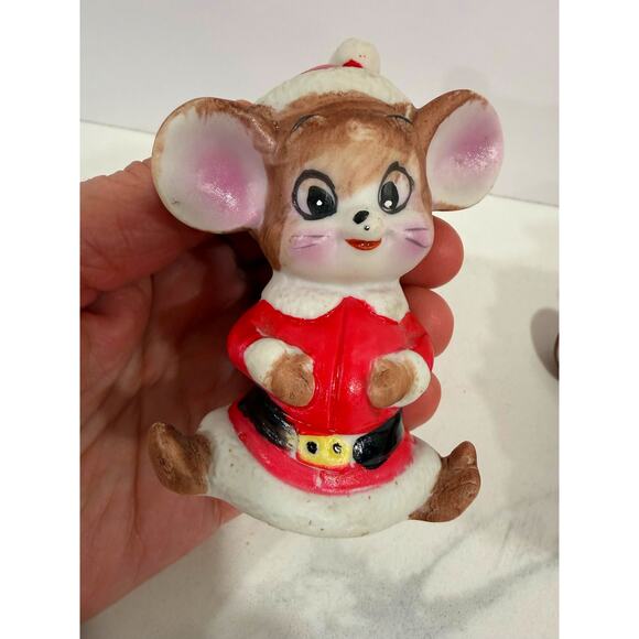 Vintage Santa Mouse Figurines, Taiwan Ceramic Pair, Christmas Shelf Sitter Decor - Picture 3 of 11